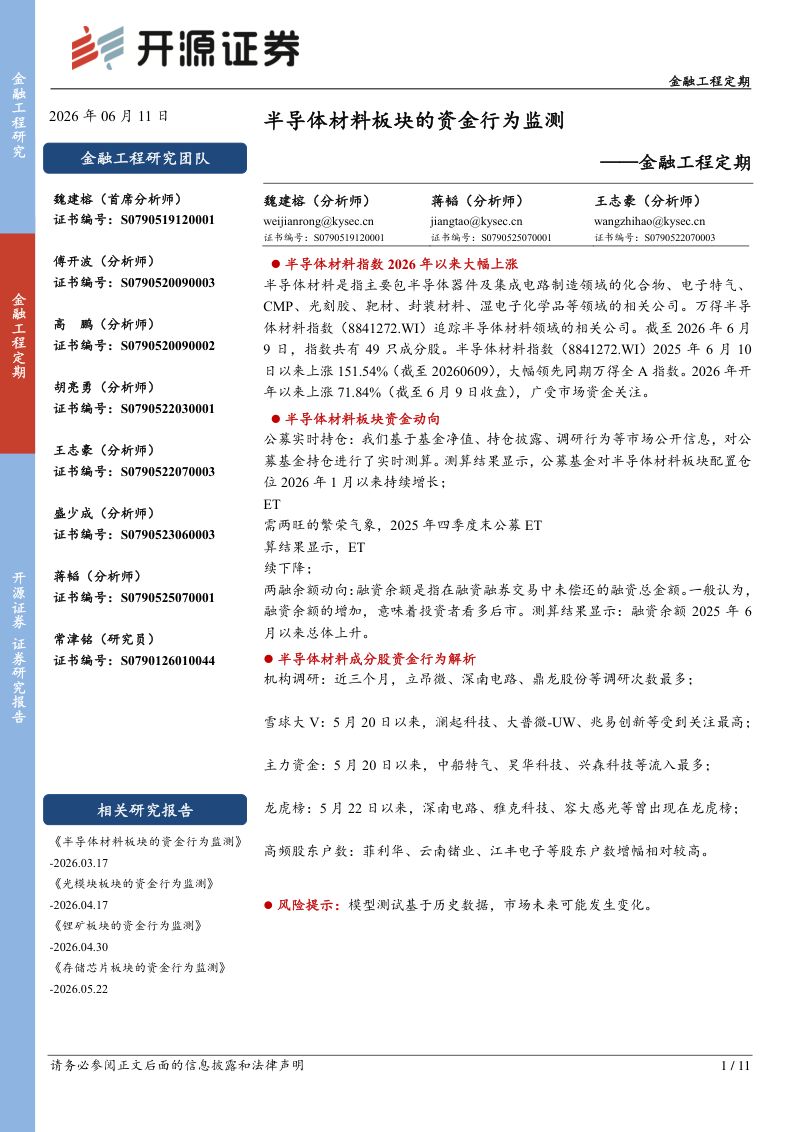 金融工程定期:半导体材料板块的资金行为监测