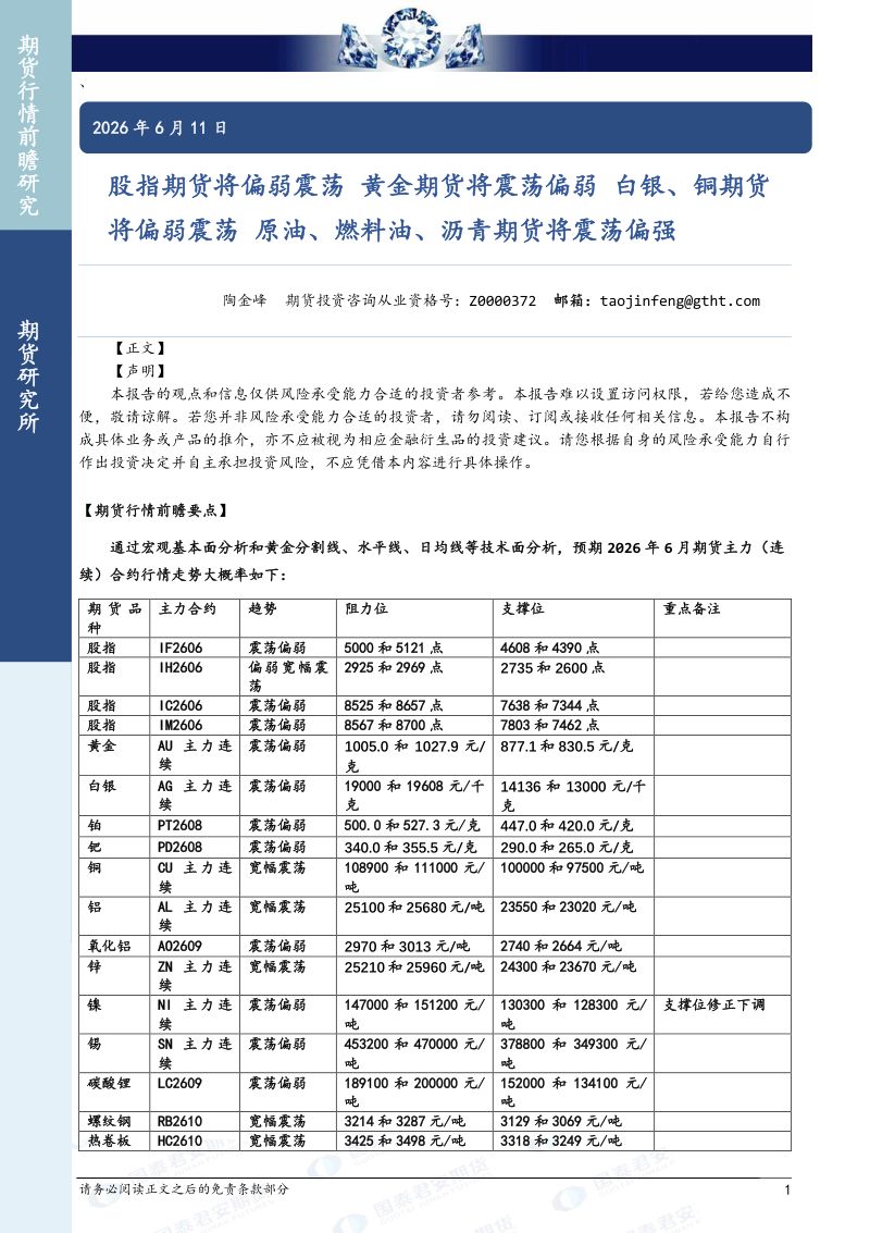 股指期货将偏弱震荡 黄金期货将震荡偏弱 白银、铜期货将偏弱震荡 原油、燃料油、沥青期货将震荡偏强