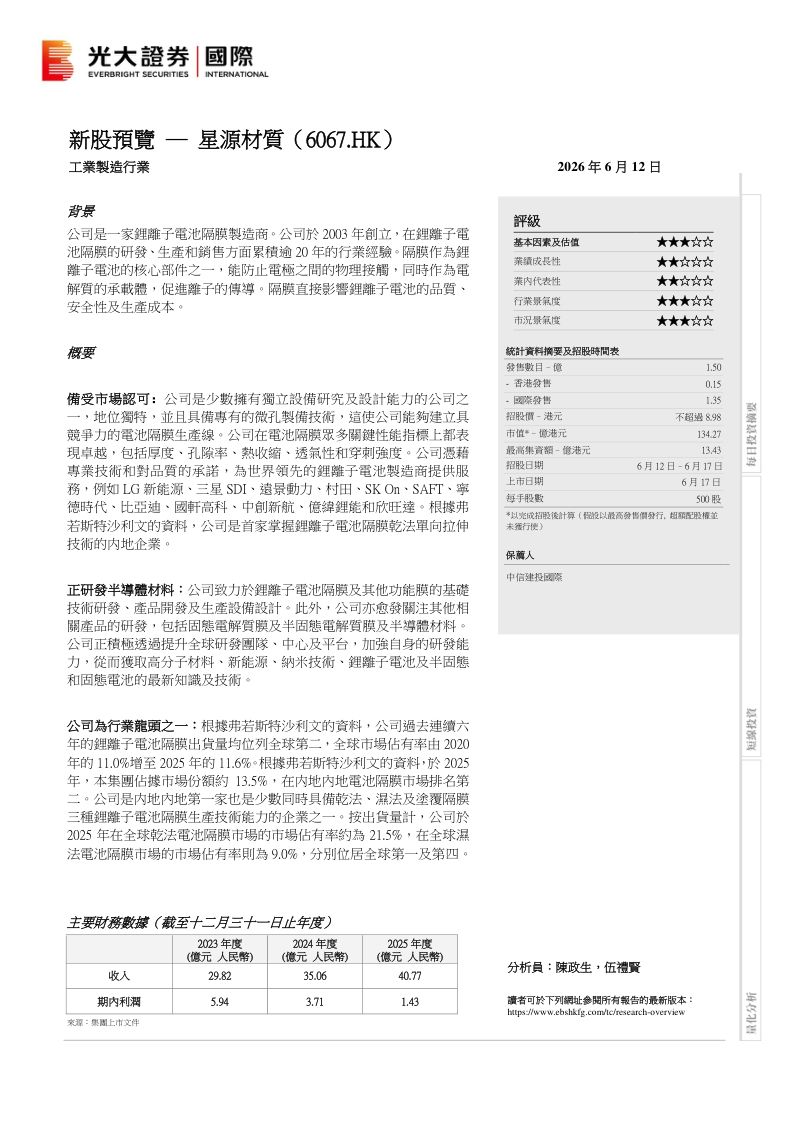 新股预览:星源材质