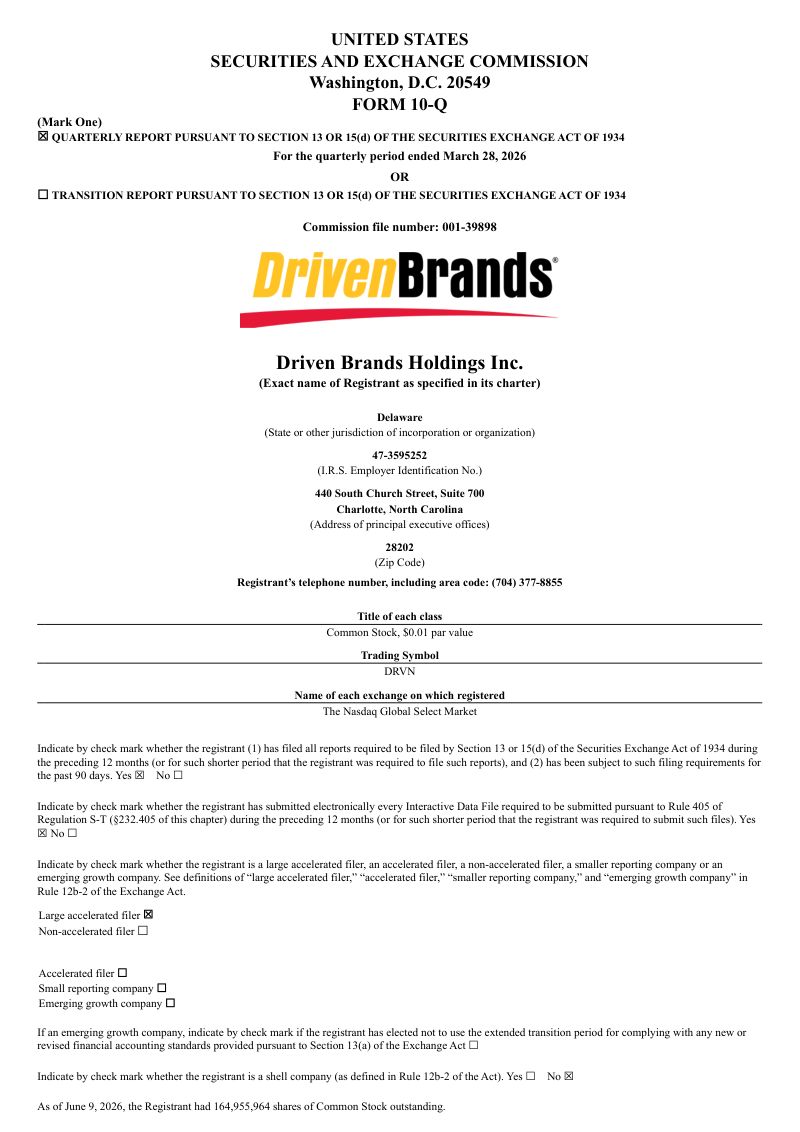Driven Brands Holdings Inc 2026年季度报告
