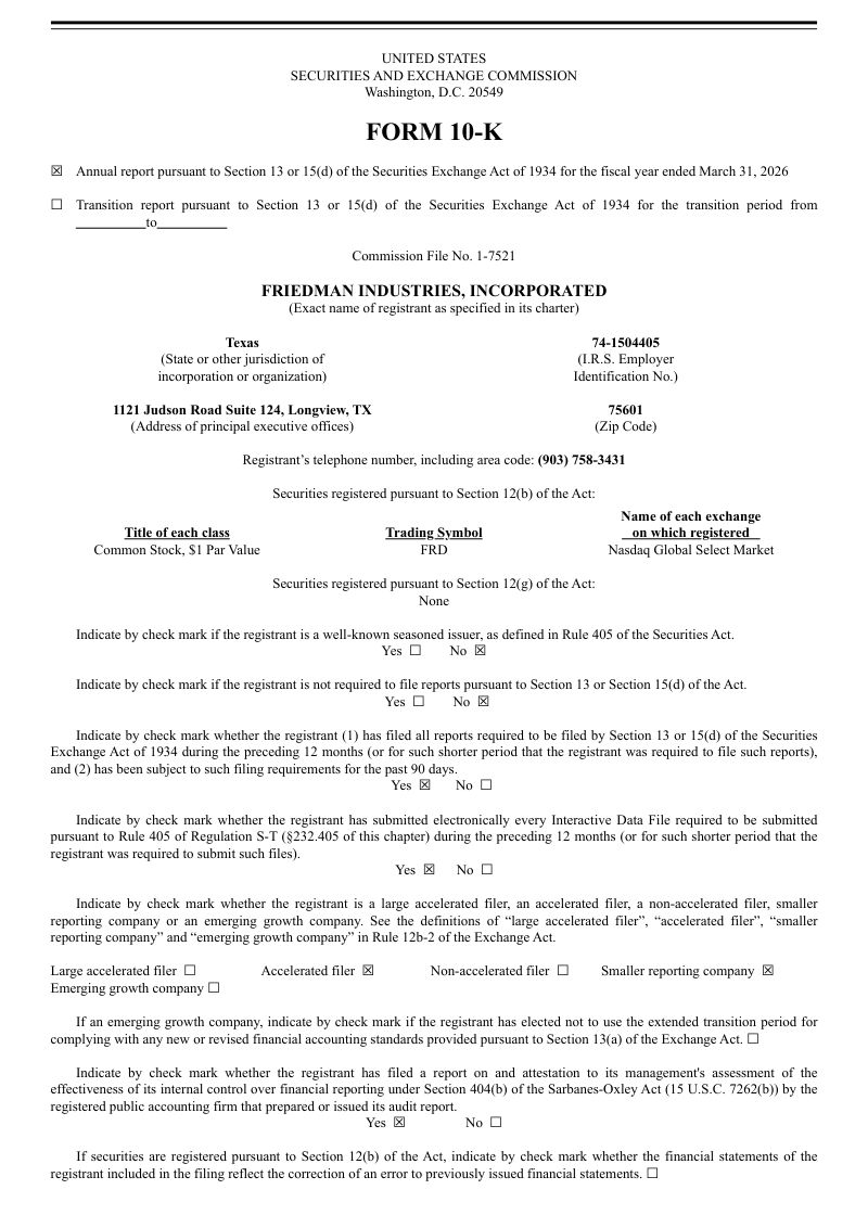 Friedman Industries Inc 2025年度报告
