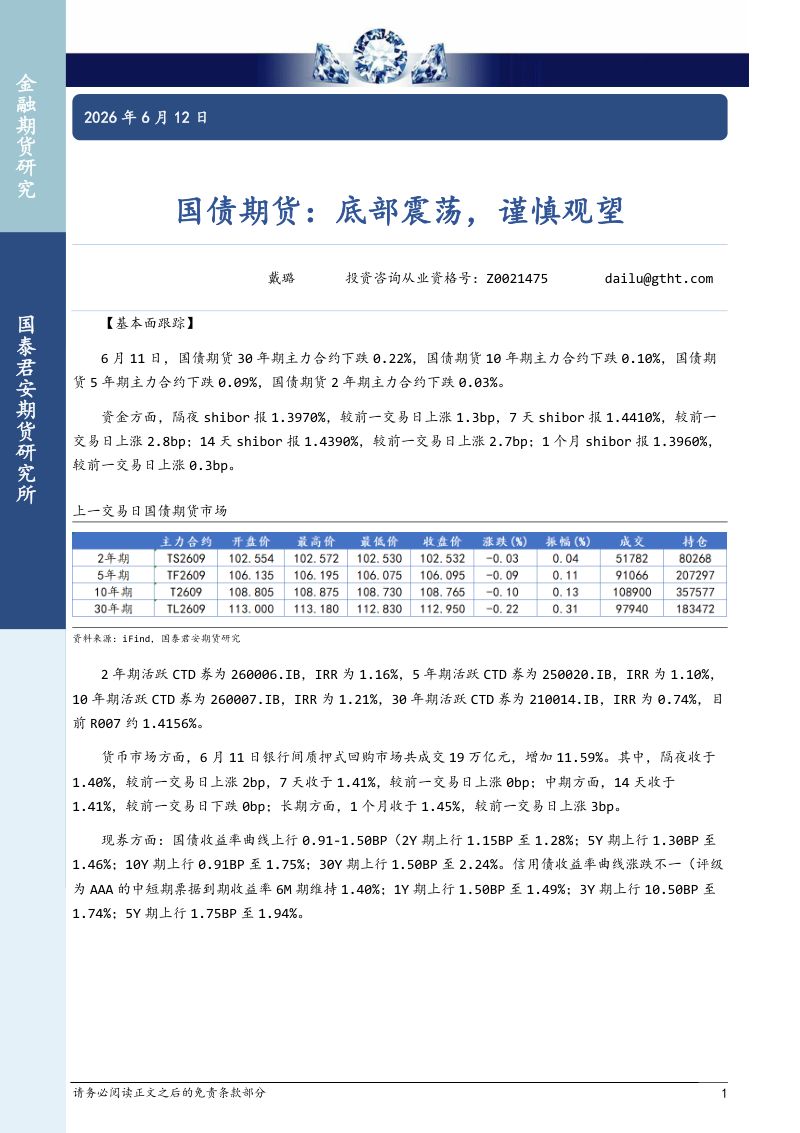 国债期货:底部震荡,谨慎观望