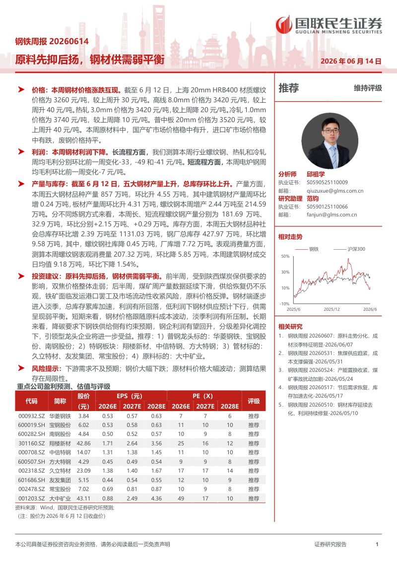 原料先抑后扬,钢材供需弱平衡