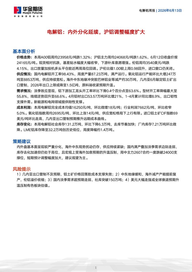 电解铝:内外分化延续,沪铝调整幅度扩大