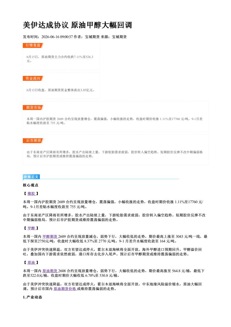 美伊达成协议 原油甲醇大幅回调
