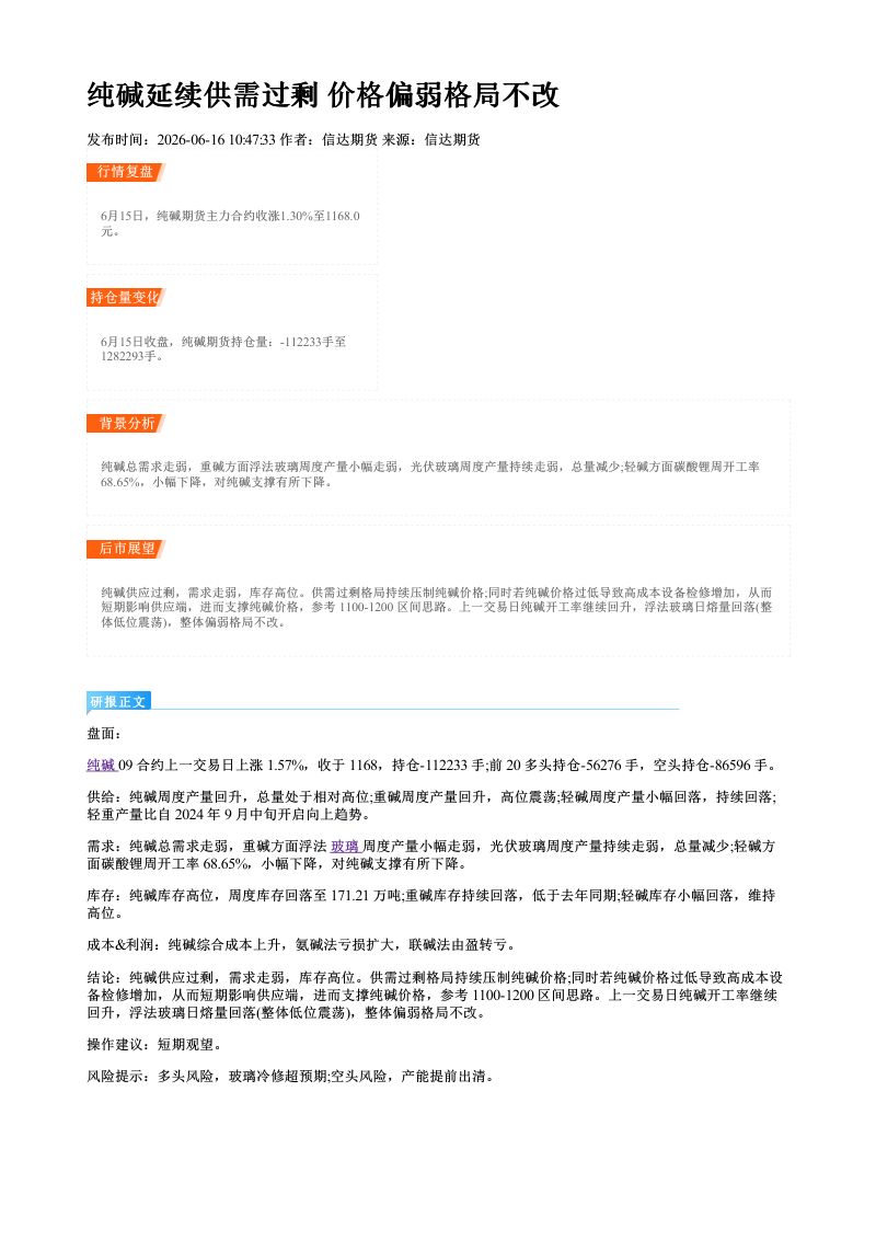 纯碱延续供需过剩 价格偏弱格局不改