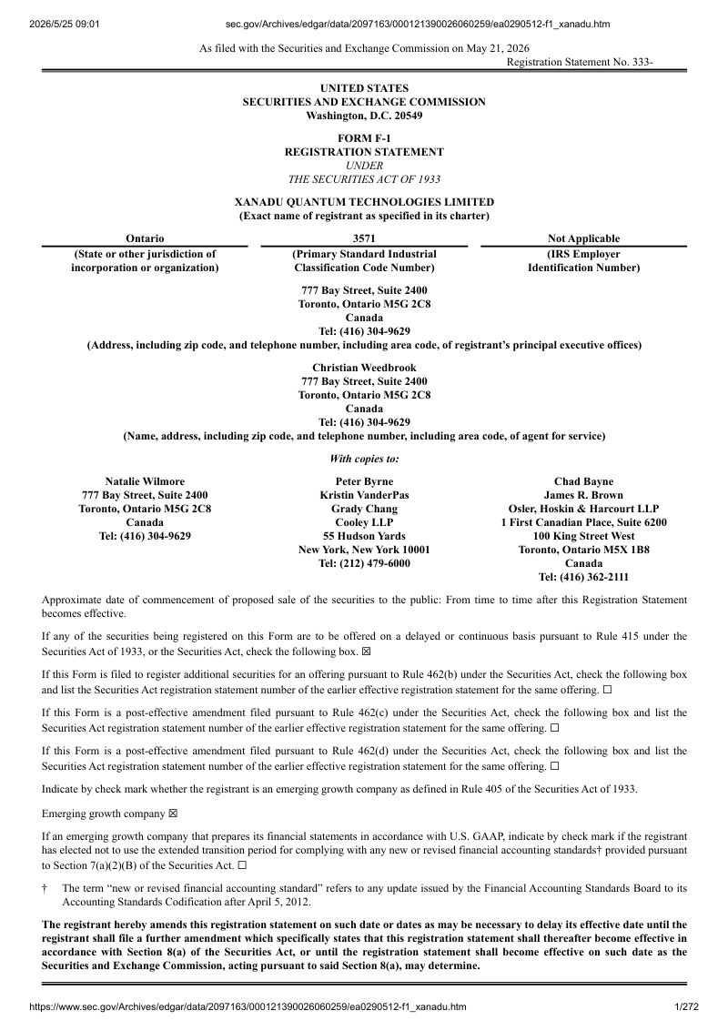 Xanadu Quantum Technologies Ltd（XNDU）美股招股说明书 F-1（2026-05-22首版）（英文版）