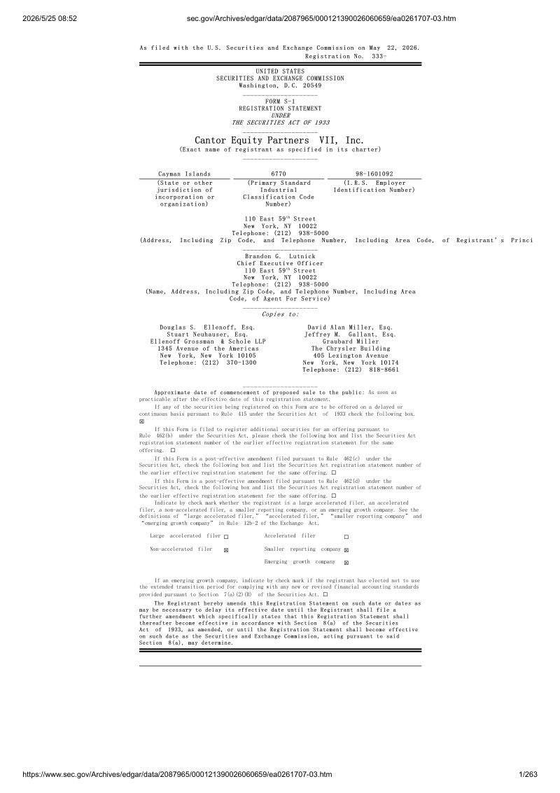 Cantor Equity Partners VII, Inc 美股招股说明书 S-1(2026-05-22首版)(英文版)