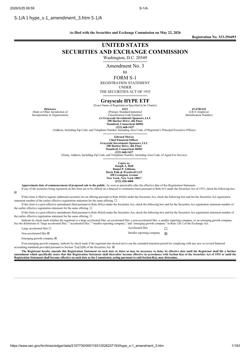 Grayscale HYPE ETF(GHYP)美股招股说明书 S-1(2026-05-22修订版)(英文版)