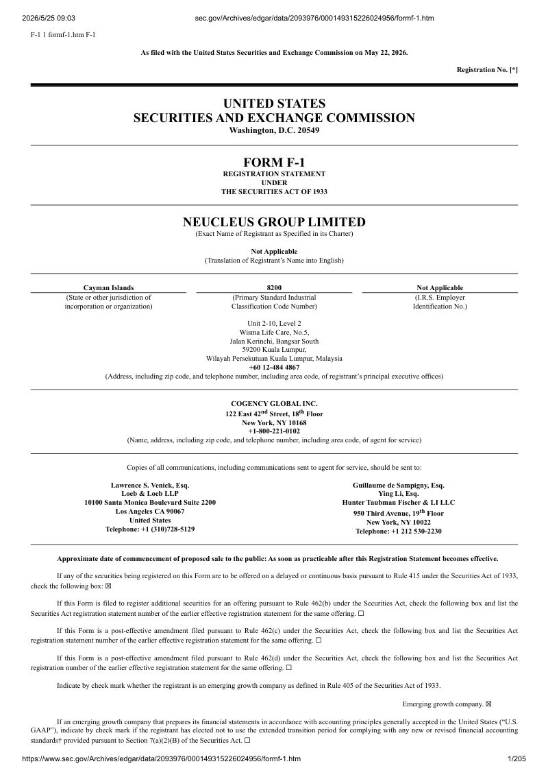 Neucleus Group Ltd 美股招股说明书 F-1(2026-05-22首版)(英文版)