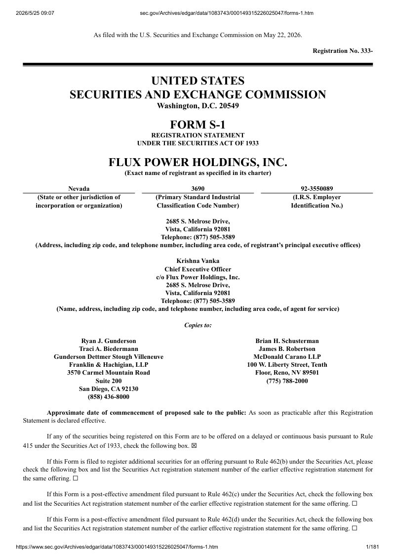 Flux Power Holdings, Inc(FLUX)美股招股说明书 S-1(2026-05-22首版)(英文版)