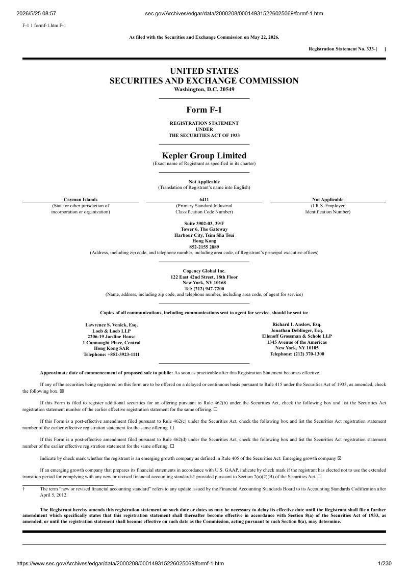 Kepler Group Ltd 美股招股说明书 F-1（2026-05-22首版）（英文版）