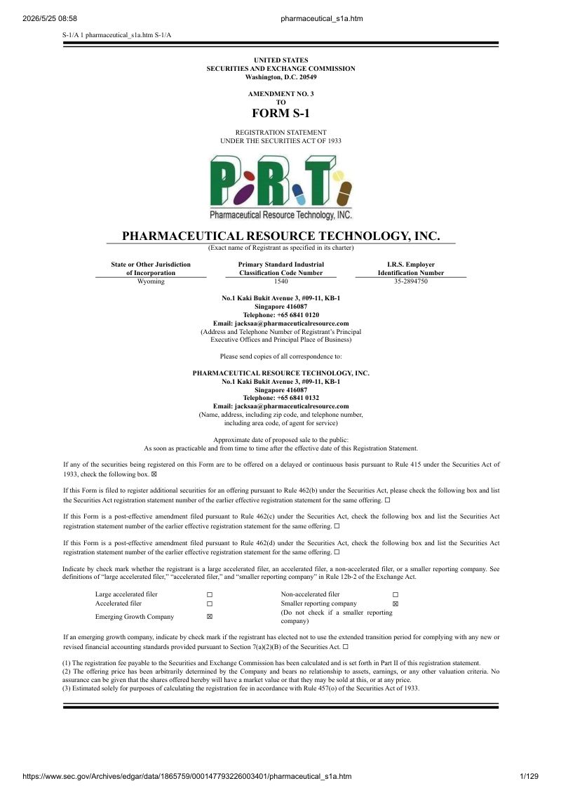 Pharmaceutical Resource Technology, Inc 美股招股说明书 S-1(2026-05-22修订版)(英文版)