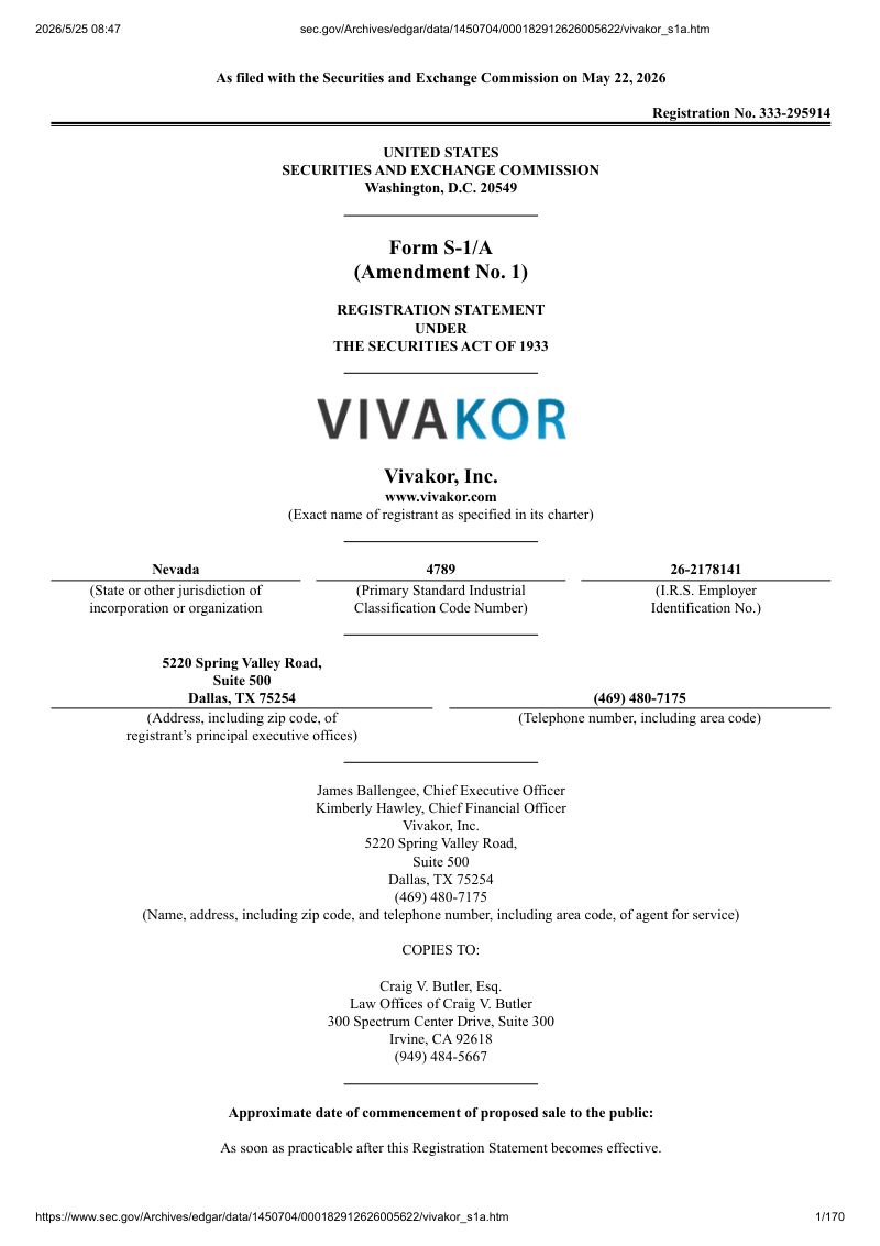 Vivakor, Inc（VIVK）美股招股说明书 S-1（2026-05-22修订版）（英文版）
