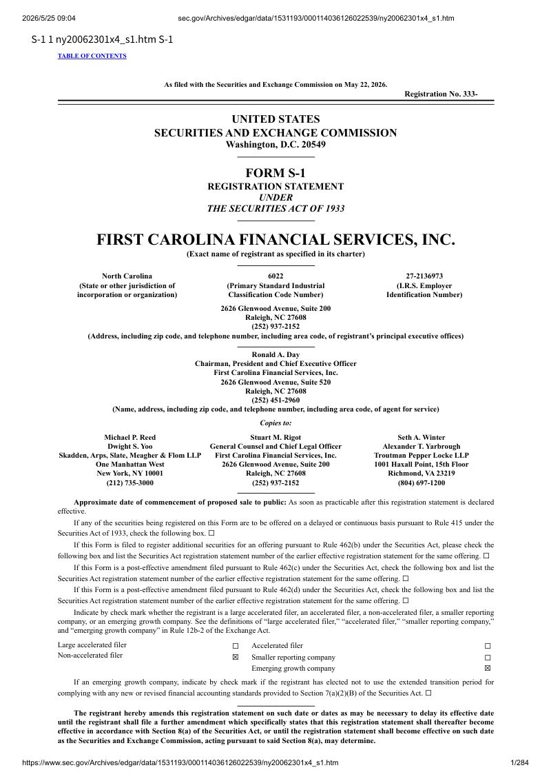 First Carolina Financial Services, Inc 美股招股说明书 S-1（2026-05-22首版）（英文版）