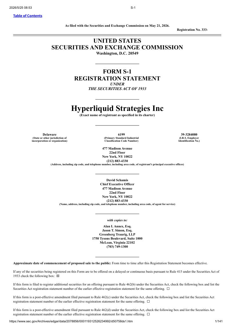 Hyperliquid Strategies Inc（PURR）美股招股说明书 S-1（2026-05-22首版）（英文版）