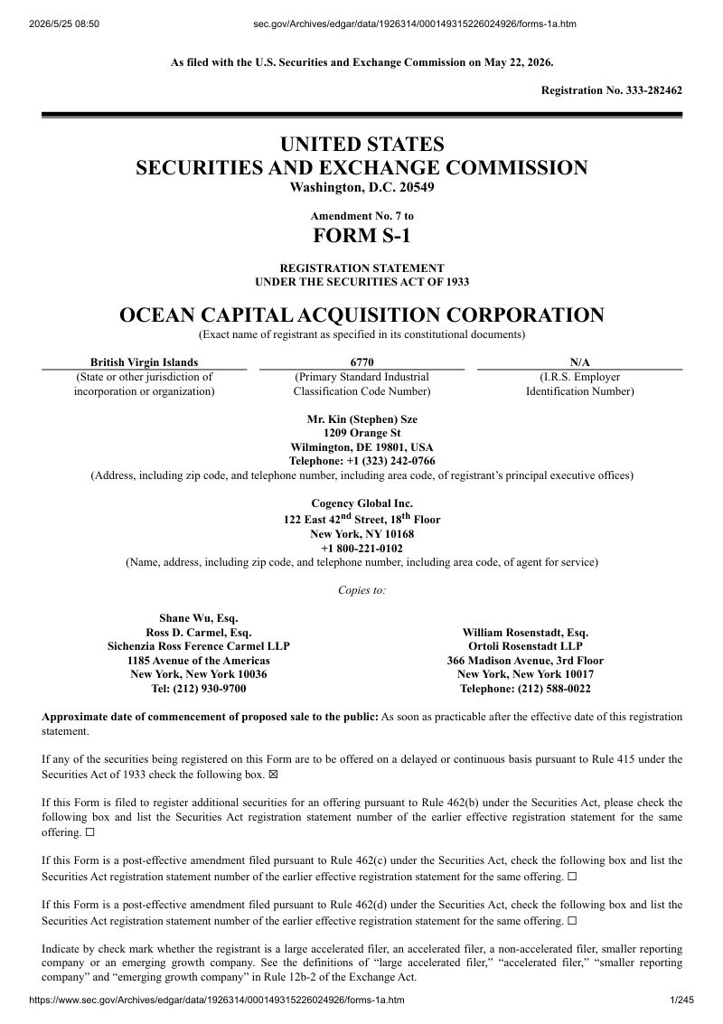 Ocean Capital Acquisition Corp 美股招股说明书 S-1（2026-05-22修订版）（英文版）