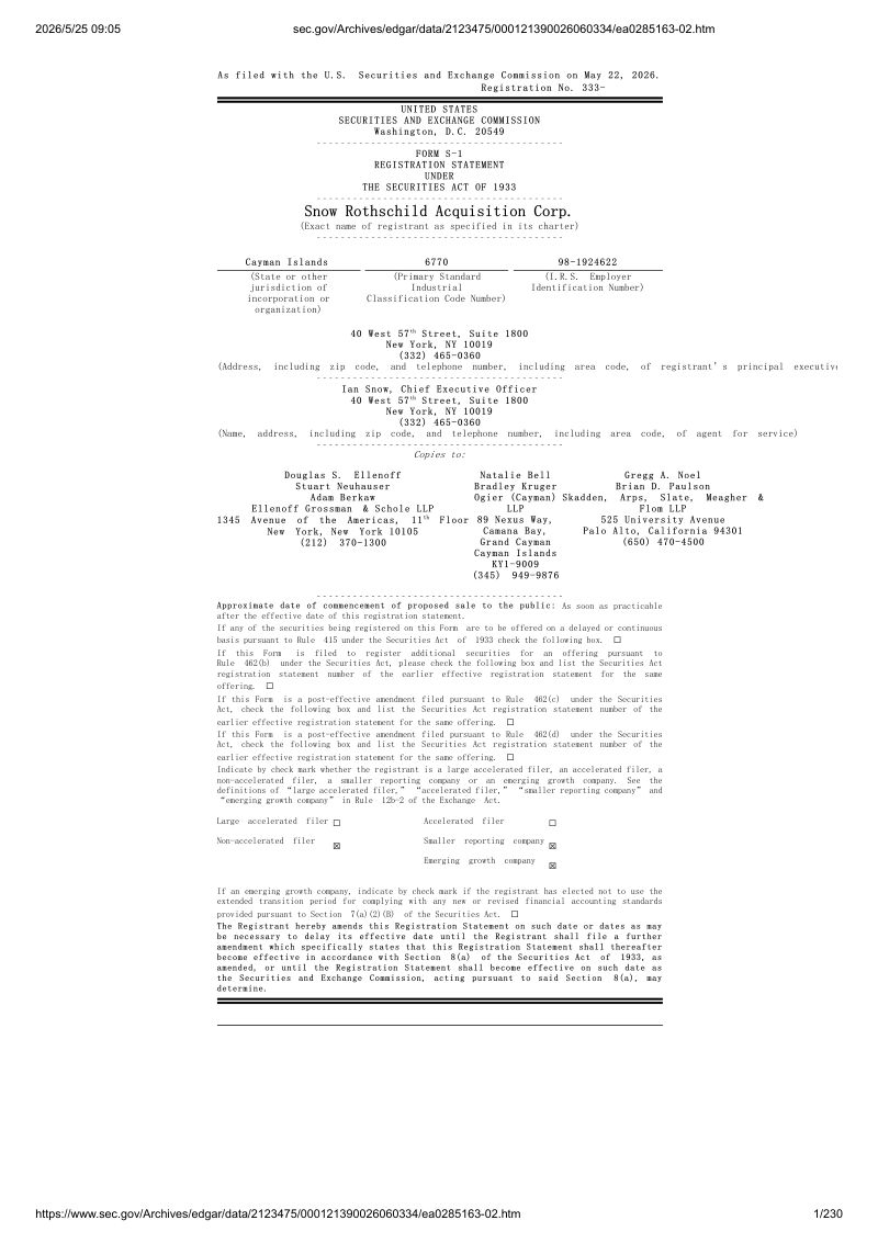 Snow Rothschild Acquisition Corp 美股招股说明书 S-1（2026-05-22首版）（英文版）