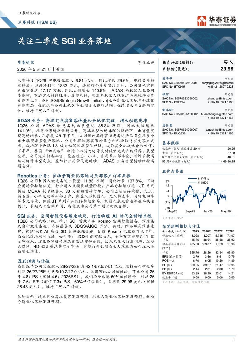禾赛(HSAI.O)-美股公司研究报告:关注二季度SGI业务落地-260521