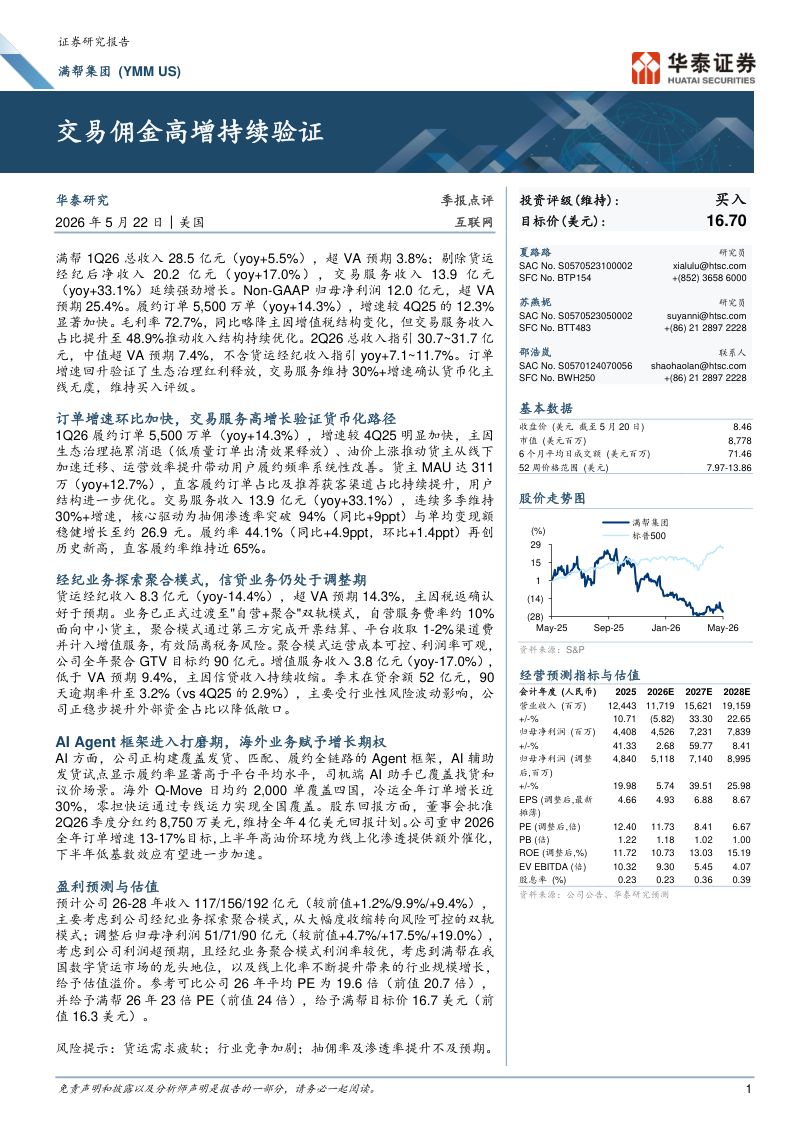 满帮(YMM.N)-美股公司研究报告：交易佣金高增持续验证-260522