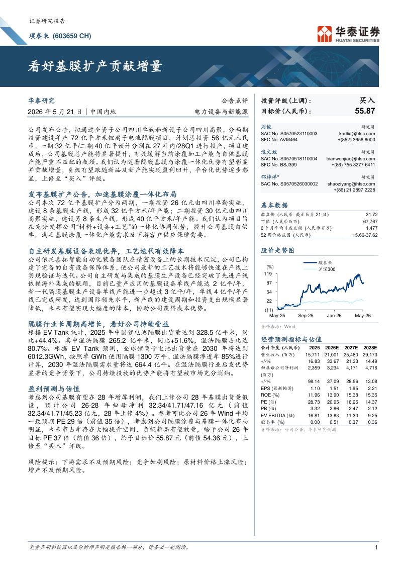 璞泰来(603659)-A股公司研究报告:看好基膜扩产贡献增量-260521