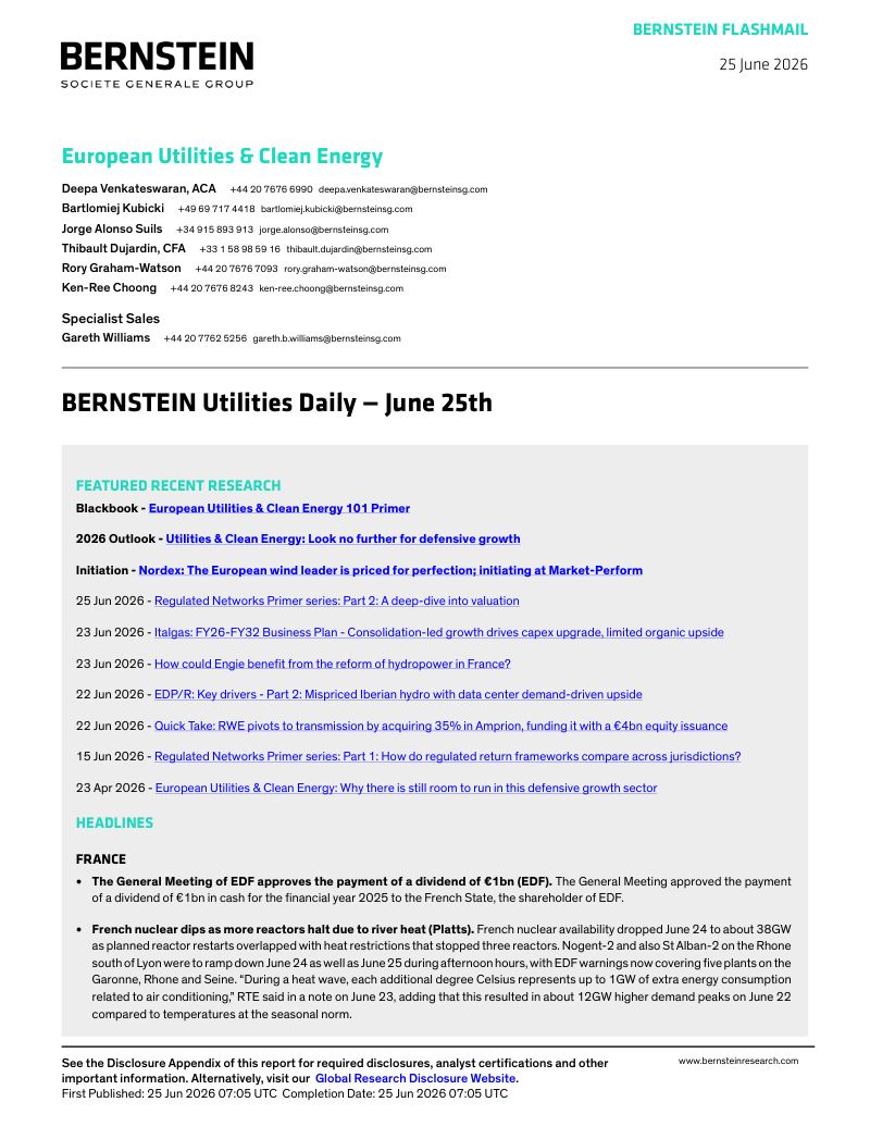 BERNSTEIN FLASHMAIL 2026年6月25日欧洲公用事业与清洁能源