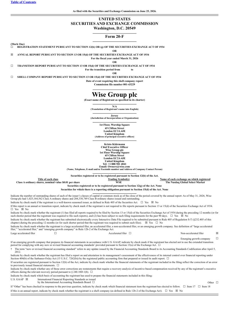 Wise Group plc-A 2026年年度报告和过渡报告