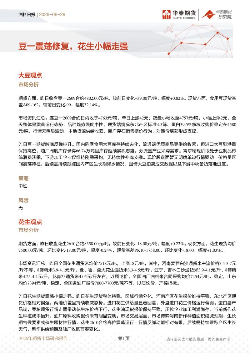 2026年期货市场研究报告 豆一震荡修复，花生小幅走强