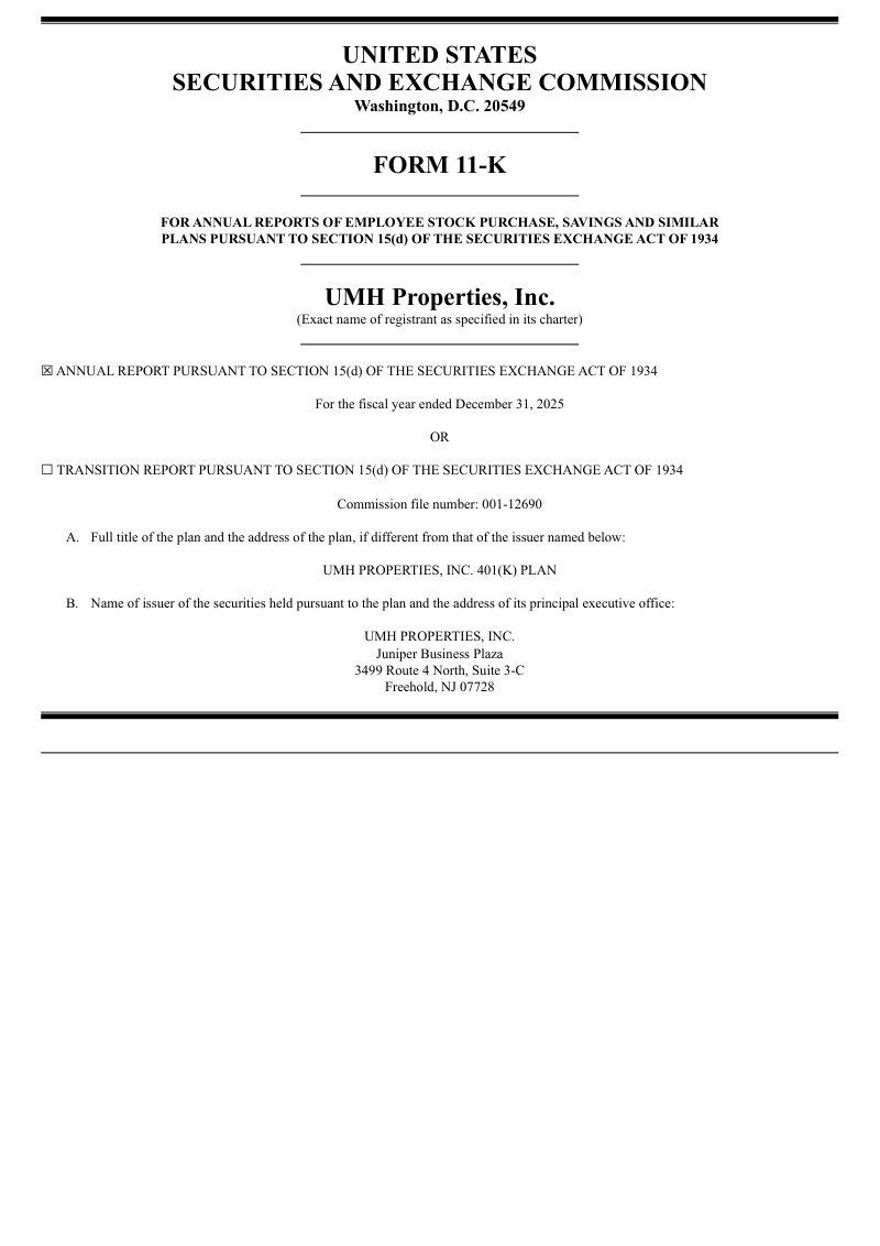 UMH Properties Inc 2025年度报告