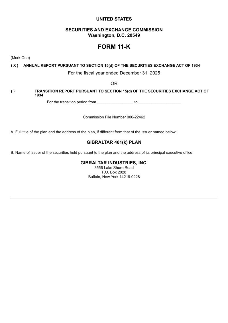 Gibraltar Industries Inc 2025年度报告