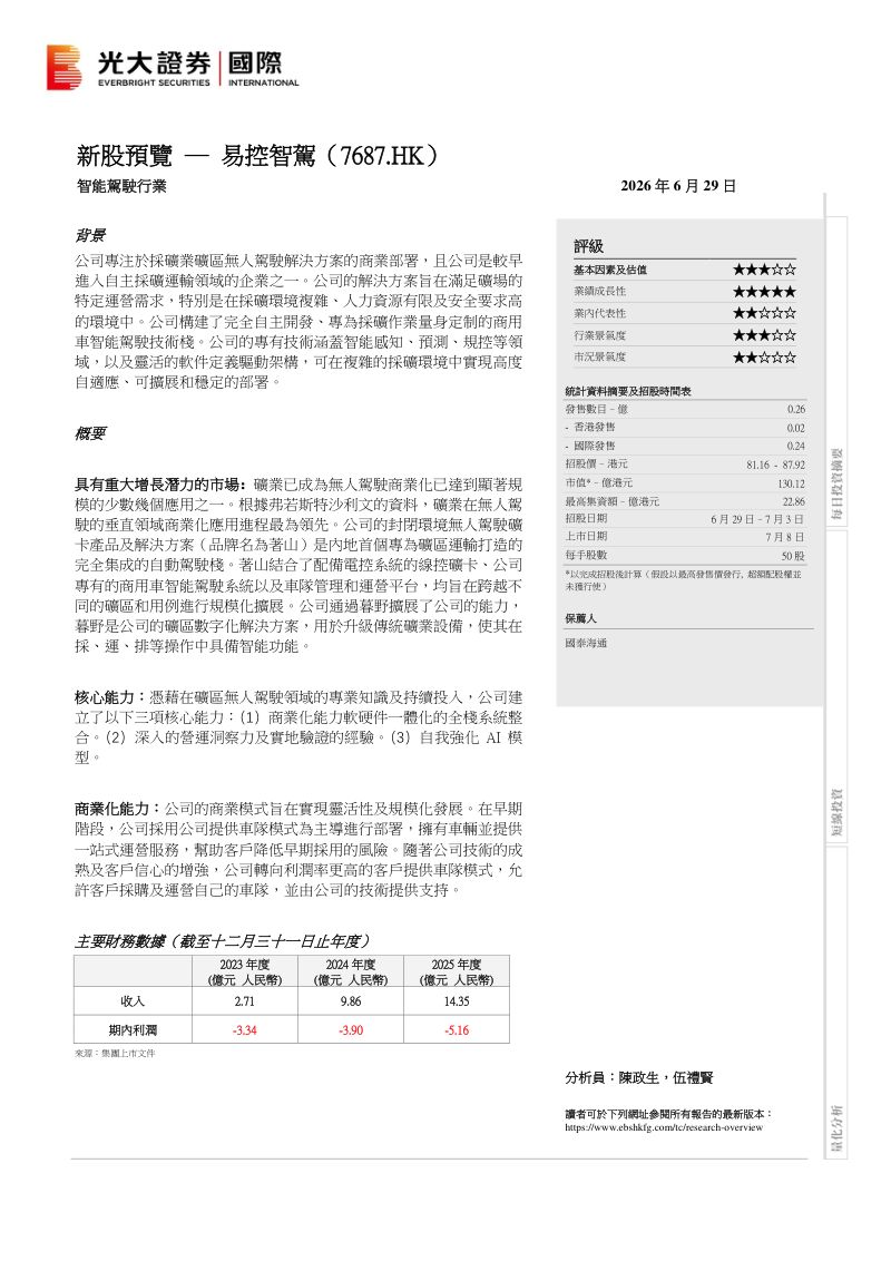 新股预览:易控智驾