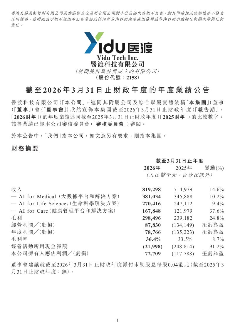 医渡科技:截至2026 年3 月31 日止财政年度的年度业绩公告
