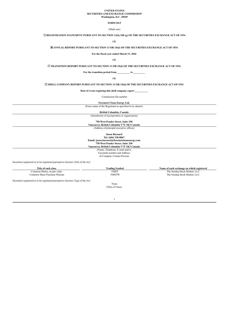 Foremost Clean Energy Ltd 2026年年度报告和过渡报告