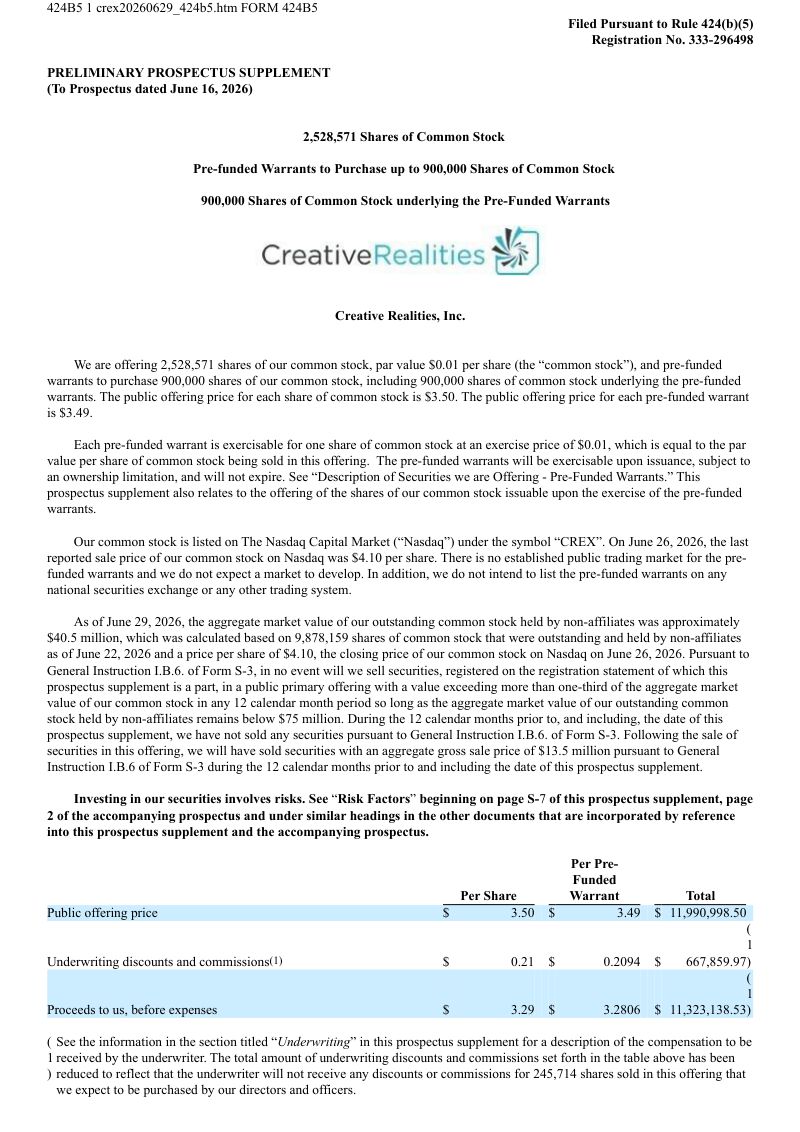 Creative Realities Inc美股招股说明书(2026-06-30版)