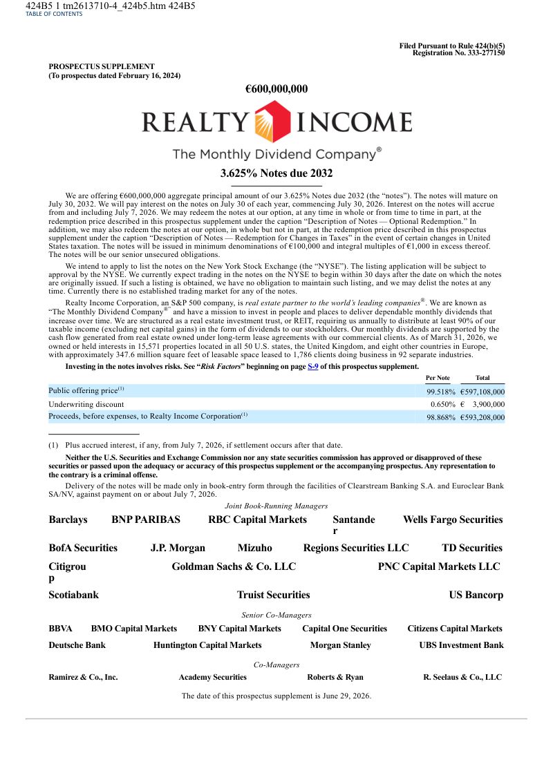 Realty Income美股招股说明书(2026-06-30版)