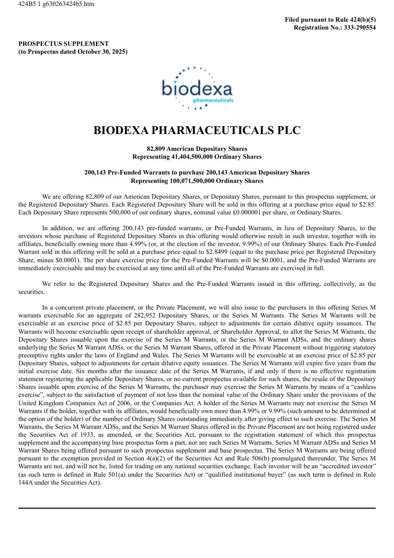 Biodexa Pharmaceuticals PLC 美股存托凭证招股说明书（2026年7月1日版）