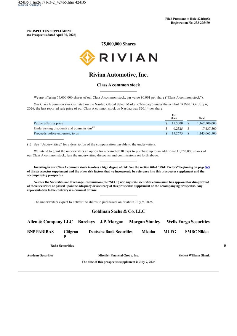 Rivian Automotive Inc-A美股招股说明书(2026-07-08版)