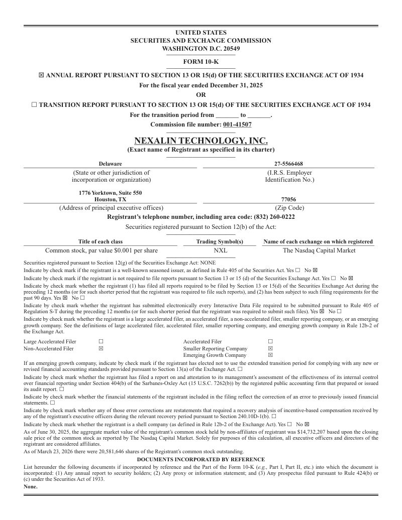 Nexalin Technology Inc 2025年度报告