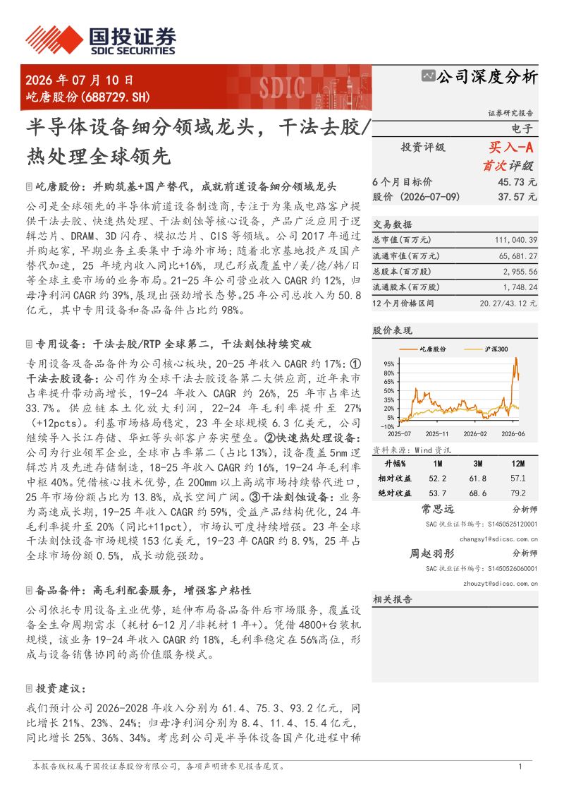屹唐股份(688729.SH):半导体设备细分领域龙头,干法去胶/热处理全球领先
