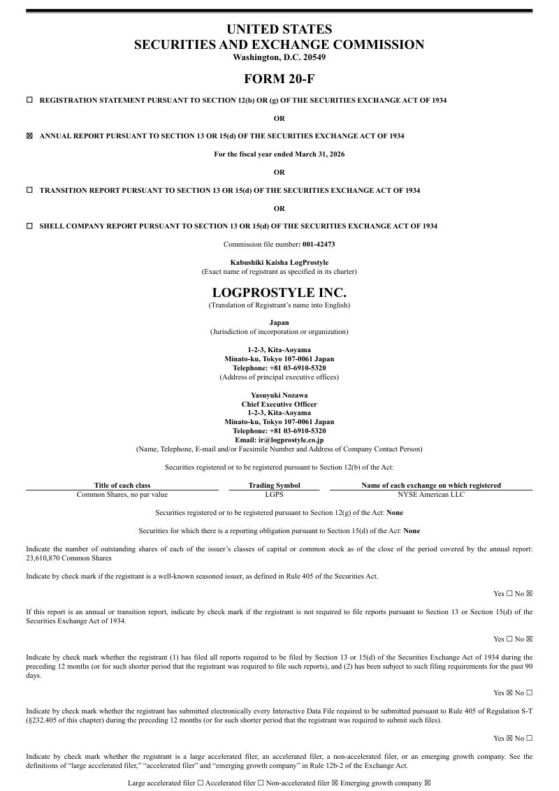 LogProstyle Inc 2026年年度报告和过渡报告