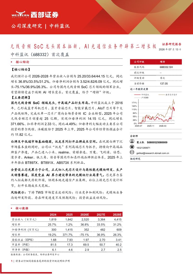 无线音频SoC龙头固本拓新,AI光通信业务开辟第二增长极