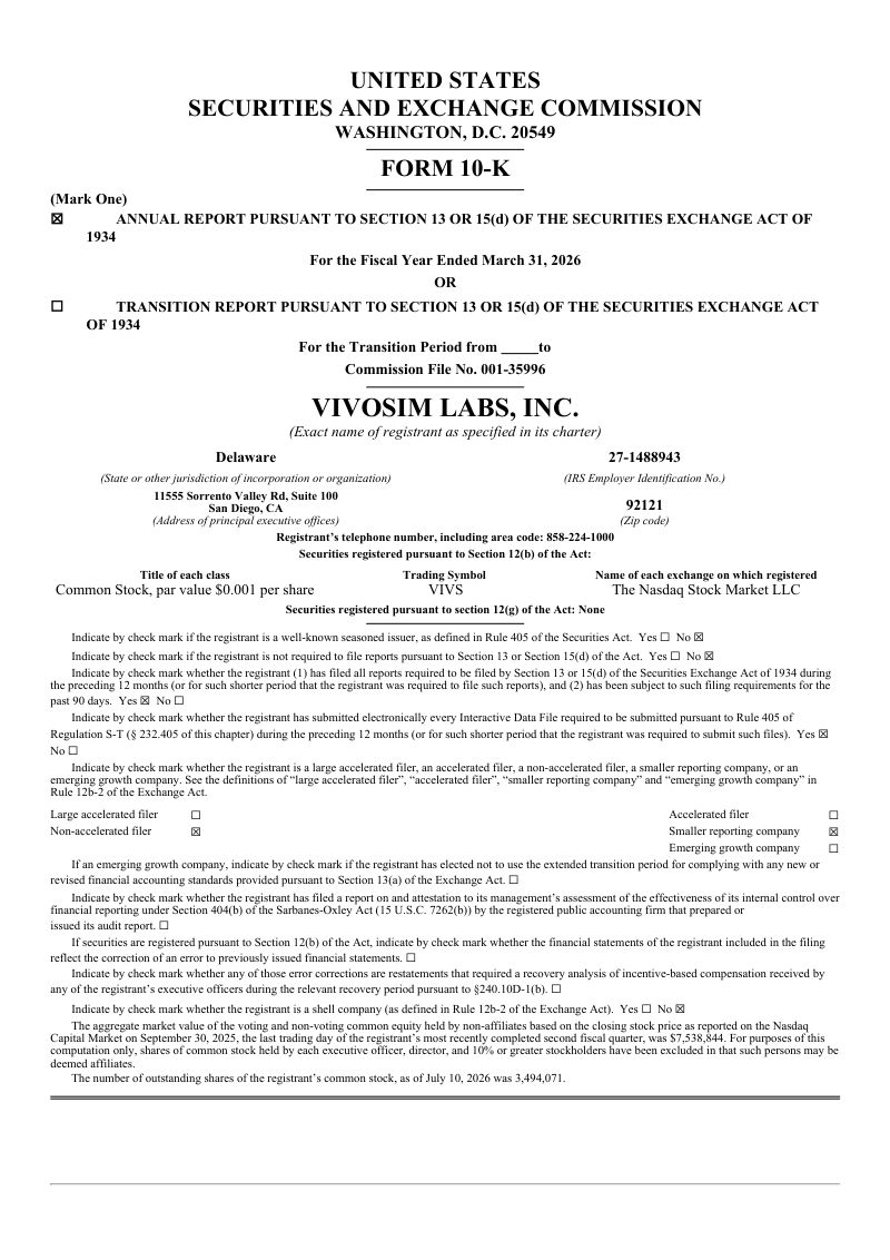 VivoSim Labs Inc 2025年度报告