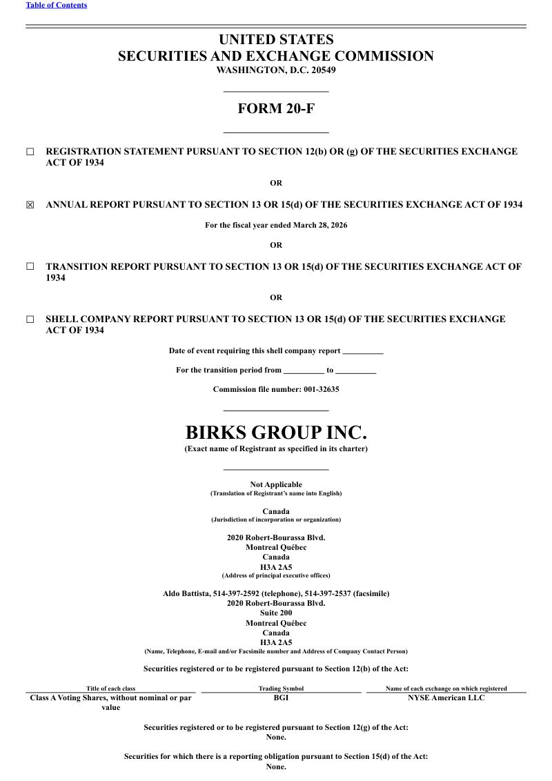 Birks Group Inc-A 2026年年度报告和过渡报告