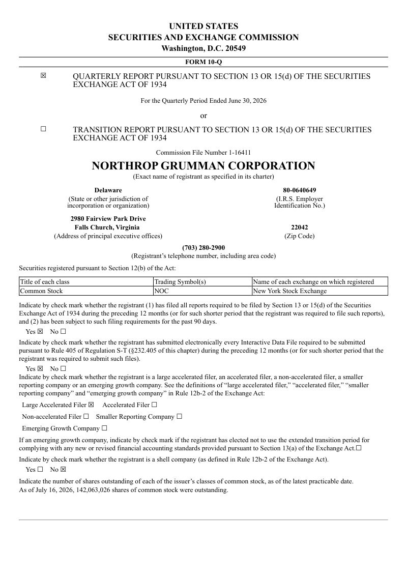 诺斯罗普格鲁曼 2026年季度报告