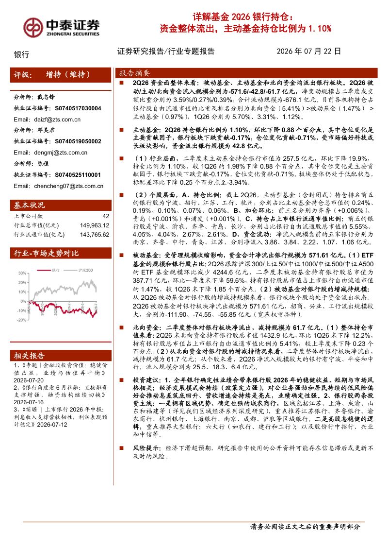 详解基金2Q26银行持仓：资金整体流出，主动基金持仓比例为1.10%