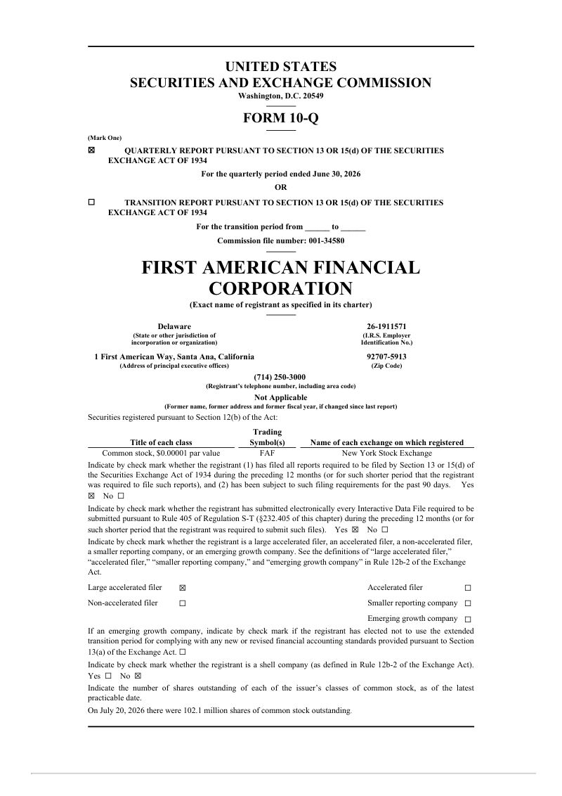 First American Financial 2026年季度报告