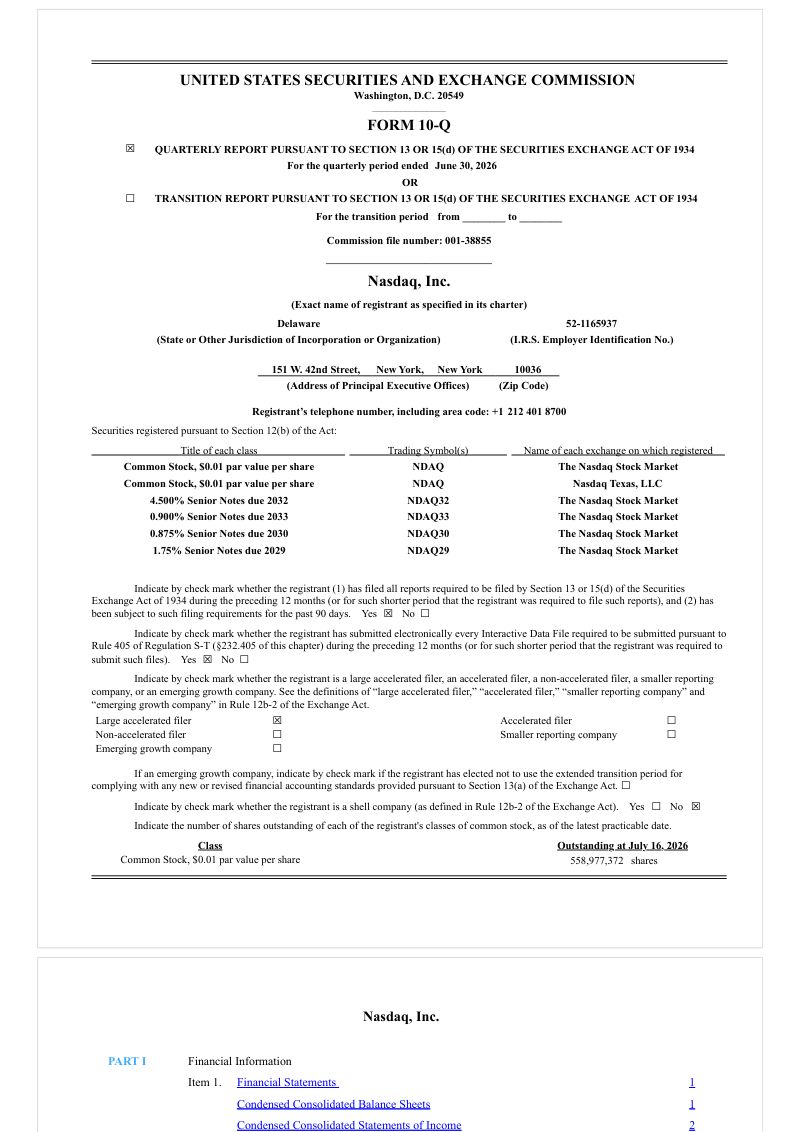 纳斯达克 2026年季度报告
