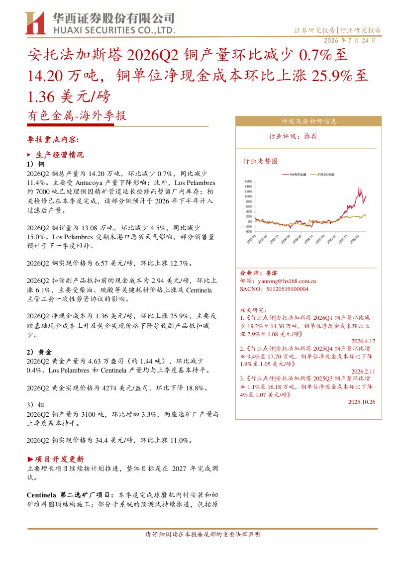 有色金属：海外季报：安托法加斯塔2026Q2铜产量环比减少0.7%至14.20万吨，铜单位净现金成本环比上涨25.9%至1.36美元 磅