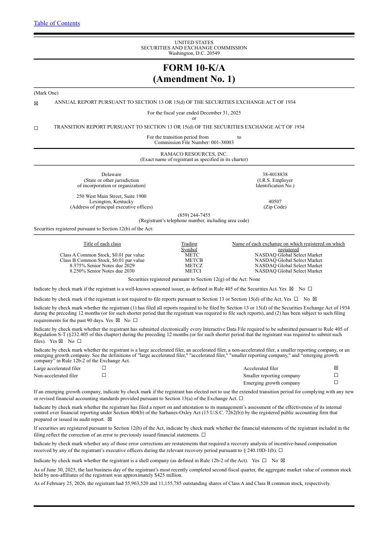 Ramaco Resources Inc-A 2025年度报告