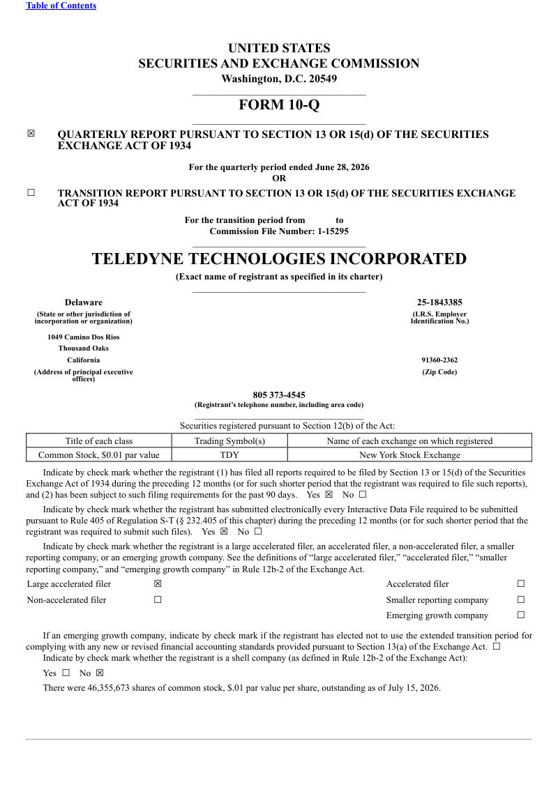 Teledyne Technologies 2026年季度报告